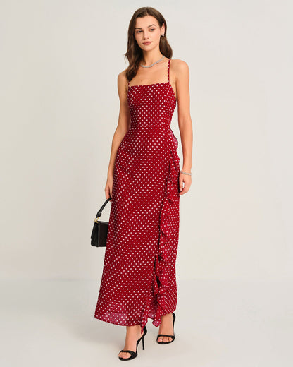 Rotes gepunktetes Slip-Maxikleid