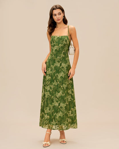 Grünes florales X-Kreuz-Maxikleid mit Spaghettiträgern