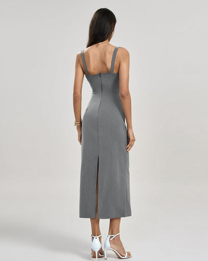 Graues plissiertes Slip-Maxikleid