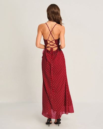Rotes gepunktetes Slip-Maxikleid
