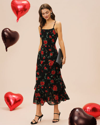 Schwarzes geblümtes Slip-Maxikleid aus Chiffon