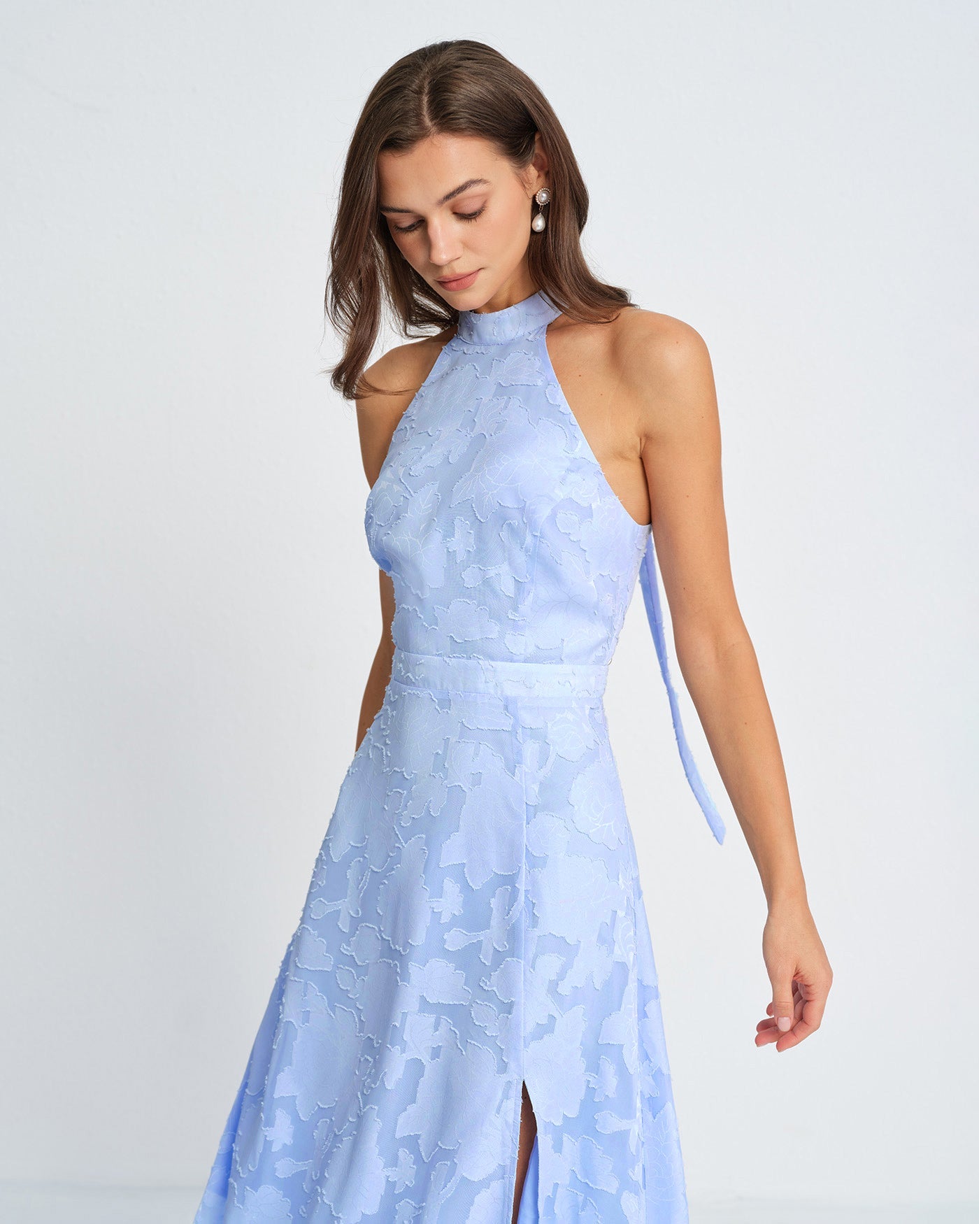 Blaues Jacquard-Maxikleid mit Rollkragen