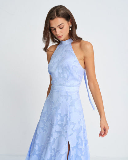 Blaues Jacquard-Maxikleid mit Rollkragen