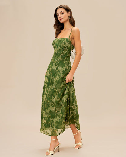 Grünes florales X-Kreuz-Maxikleid mit Spaghettiträgern