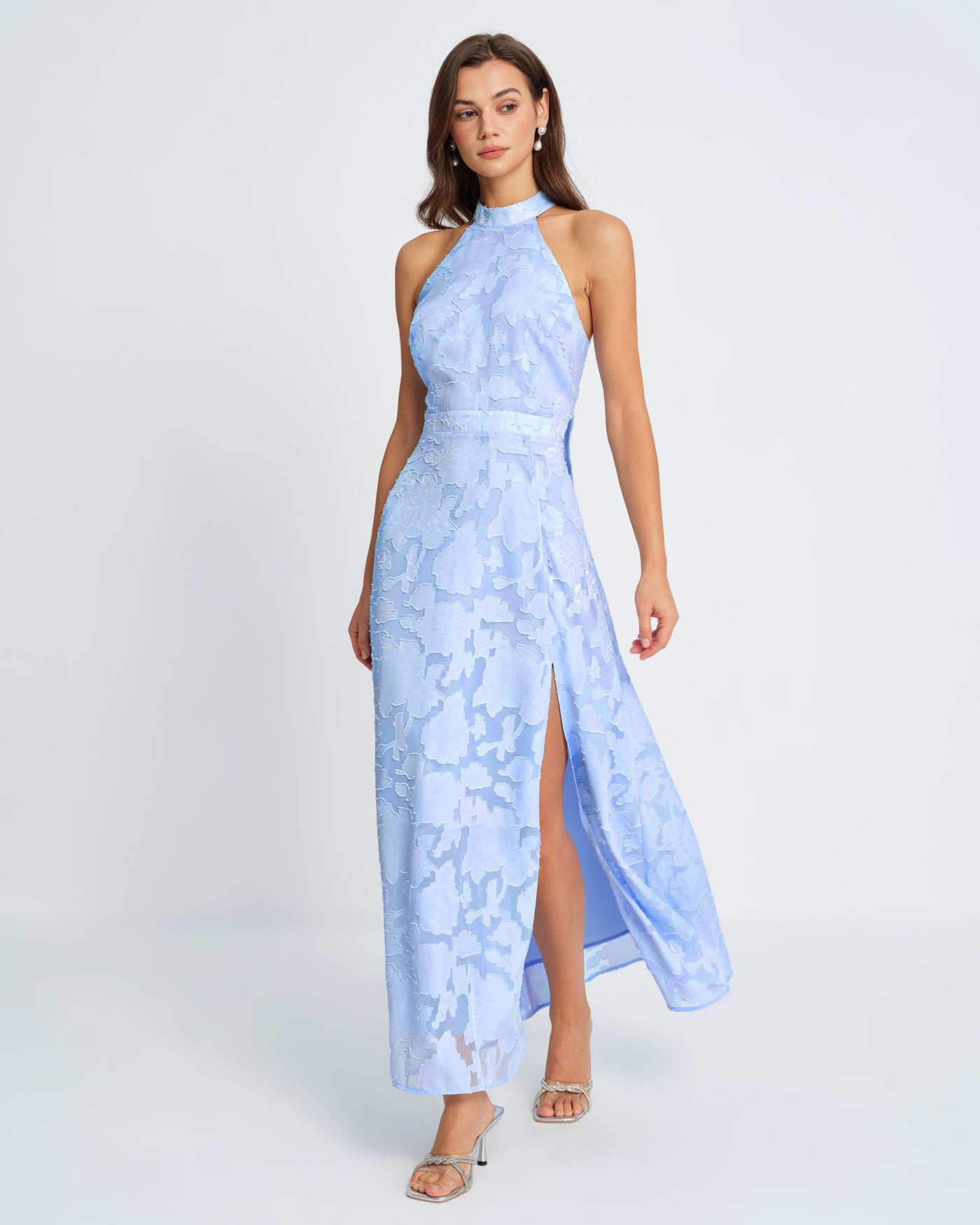 Blaues Jacquard-Maxikleid mit Rollkragen