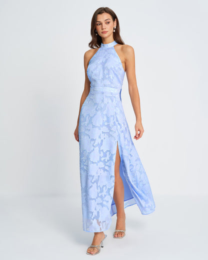 Blaues Jacquard-Maxikleid mit Rollkragen