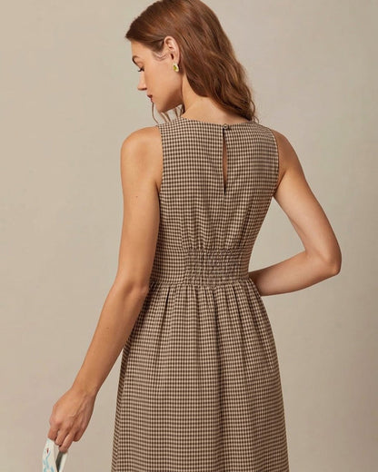 Braunes V-Ausschnitt Maxikleid mit Karomuster