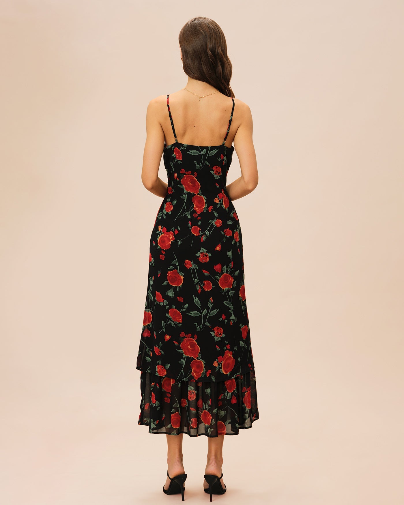 Schwarzes geblümtes Slip-Maxikleid aus Chiffon