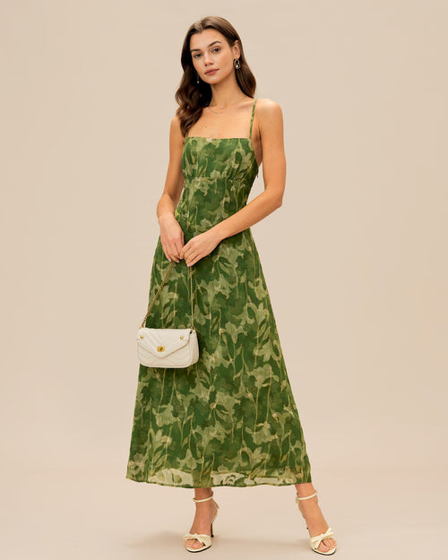 Grünes florales X-Kreuz-Maxikleid mit Spaghettiträgern