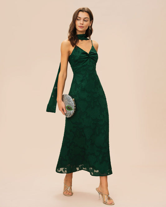 Maxikleid aus grünem Jacquard-Satin