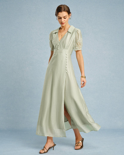 Grünes Maxikleid mit V-Ausschnitt und Knopfleiste