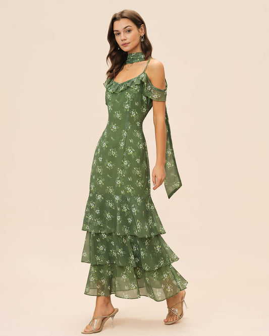 Grünes V-Ausschnitt Maxikleid mit Rüschen und Blumenmuster