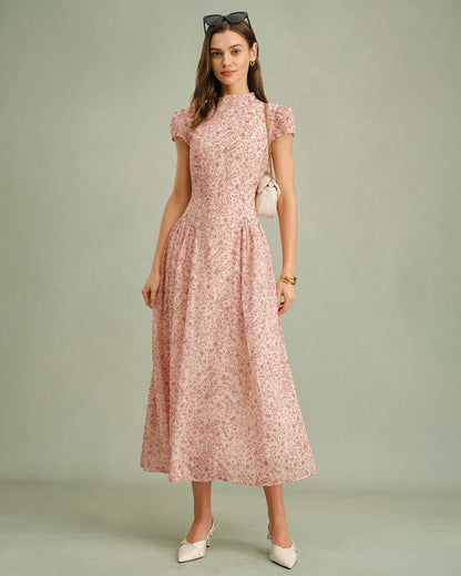 Rosa Maxikleid mit Blumenmuster und Stehkragen