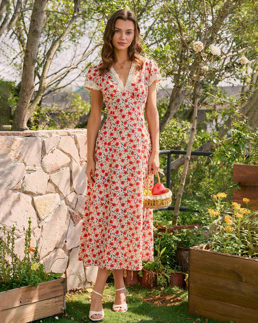 Rotes, florales Maxikleid mit V-Ausschnitt und Spitze