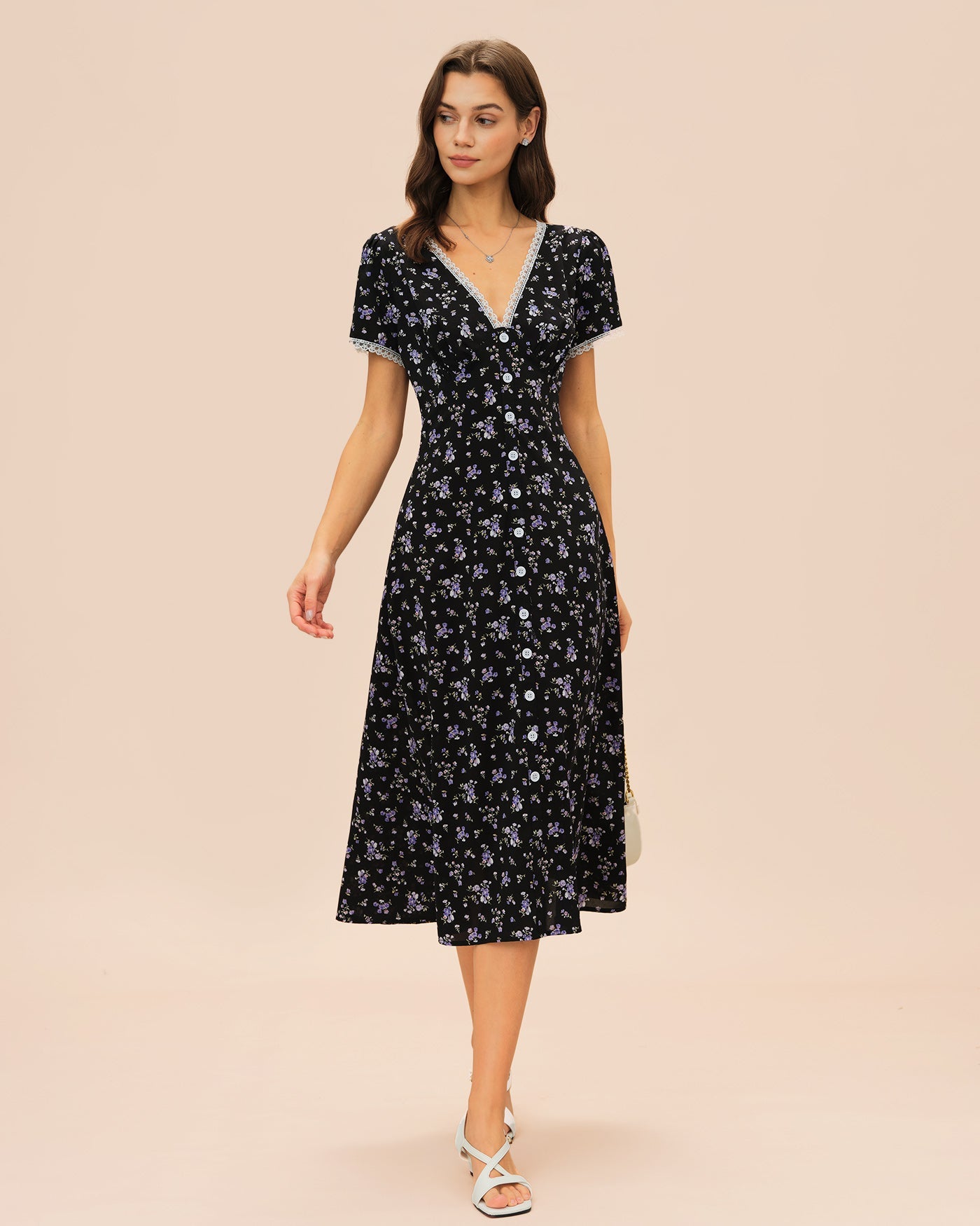 Schwarzes V-Ausschnitt Spitzen-Midikleid mit Blumenmuster