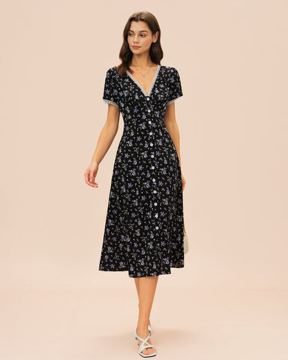 Schwarzes V-Ausschnitt Spitzen-Midikleid mit Blumenmuster
