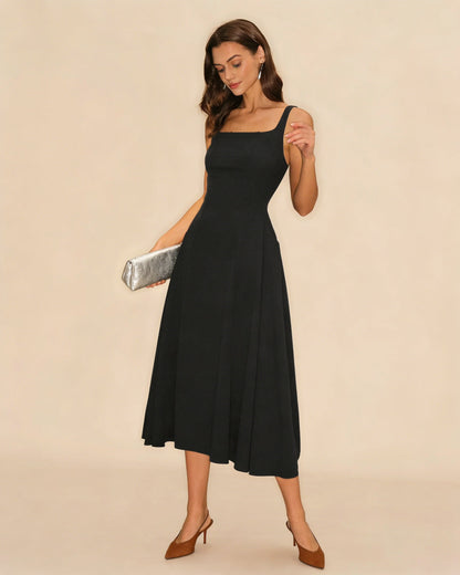 Schwarzes, einfarbiges Midi-Kleid mit Reißverschluss und Trägern