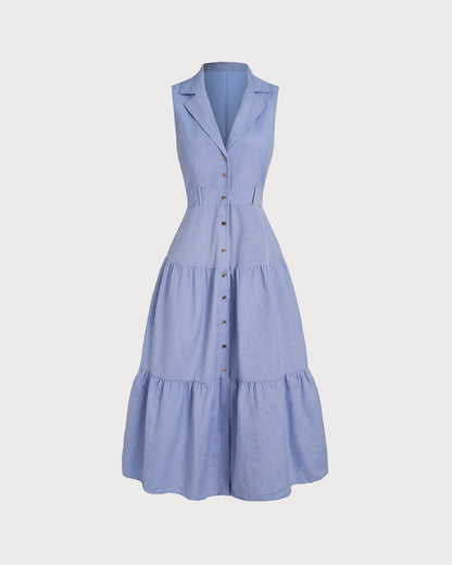 Blaues V-Ausschnitt Knopfleisten Midi-Kleid