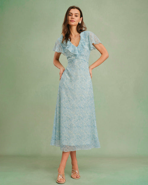 Blaues V-Ausschnitt-Midikleid mit Blumenmuster und Rüschen