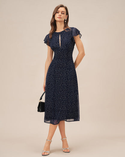 Blaues gepunktetes Midikleid