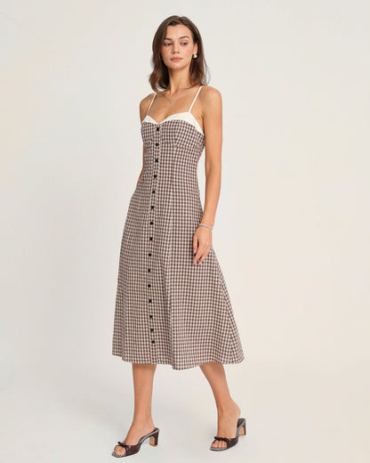 Kaffee kariertes Slip Midi-Kleid