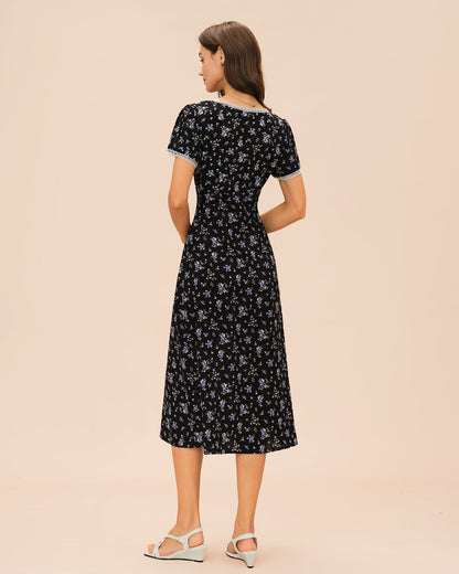 Schwarzes V-Ausschnitt Spitzen-Midikleid mit Blumenmuster