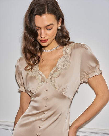 Aprikotfarbenes V-Ausschnitt-Midikleid mit Spitze