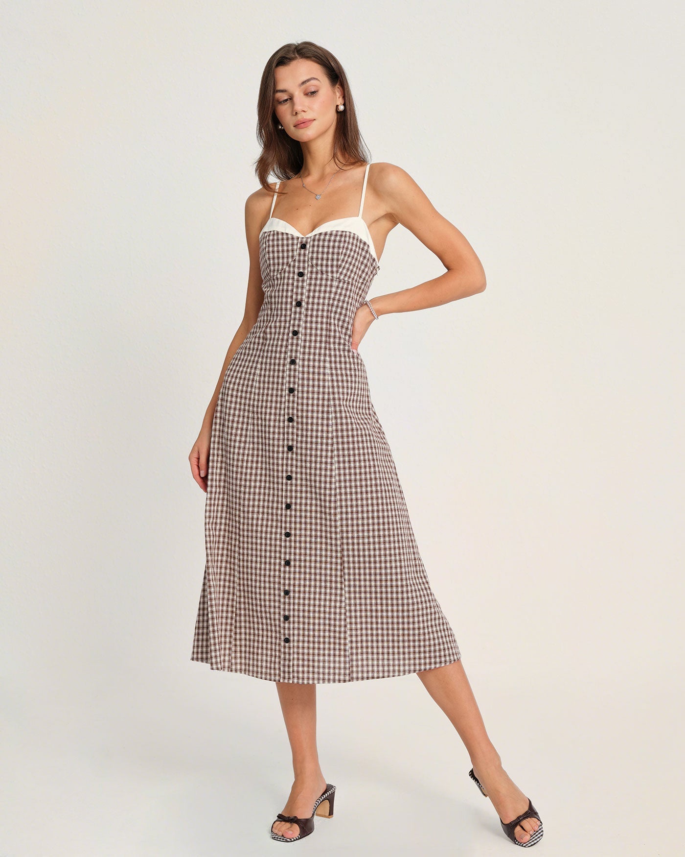 Kaffee kariertes Slip Midi-Kleid