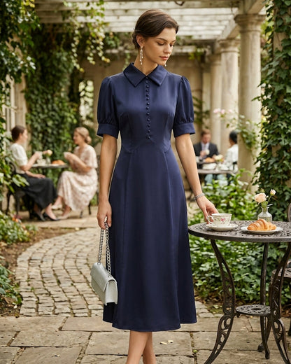 Marineblaues Satin-Midikleid mit Puffärmeln und Kragen