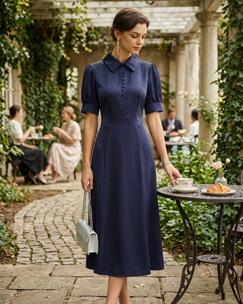 Marineblaues Satin-Midikleid mit Puffärmeln und Kragen