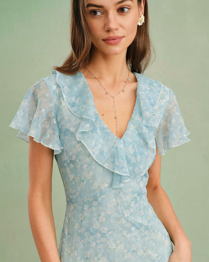 Blaues V-Ausschnitt-Midikleid mit Blumenmuster und Rüschen