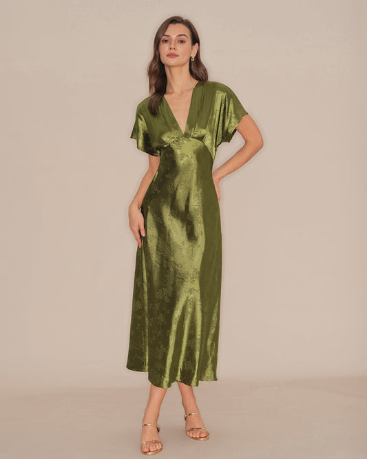 Grünes Midikleid mit V-Ausschnitt, Falten und Blumenmuster