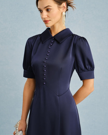 Marineblaues Satin-Midikleid mit Puffärmeln und Kragen