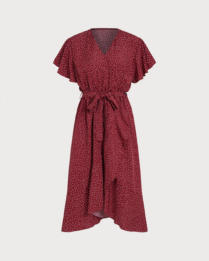 Red Butterfly Sleeve Polka Dot Midi Dress