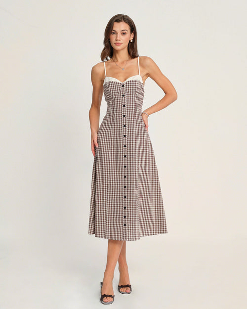 Kaffee kariertes Slip Midi-Kleid