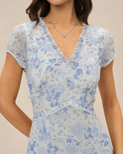 Blaues geblümtes V-Ausschnitt Midi-Kleid