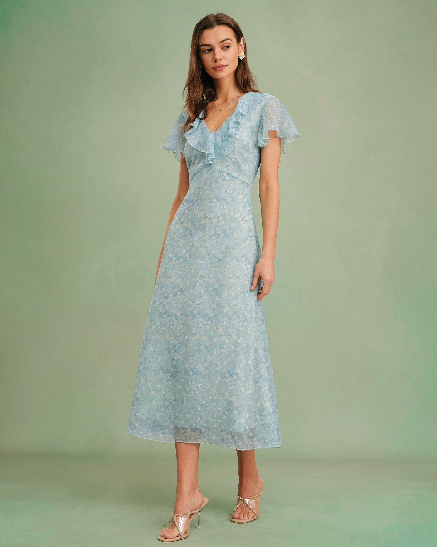 Blaues V-Ausschnitt-Midikleid mit Blumenmuster und Rüschen