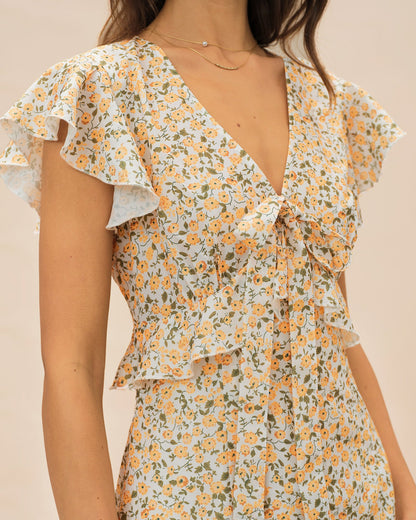 Yellow V Neck Floral Ruffle Midi Dress