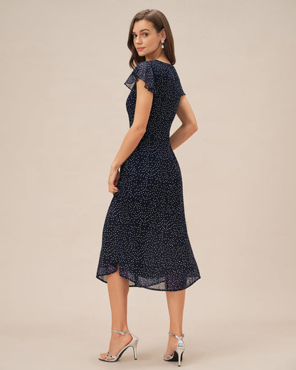 Blaues gepunktetes Midikleid