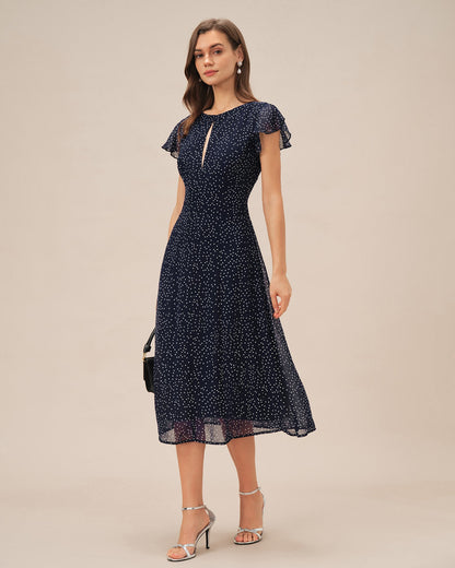 Blaues gepunktetes Midikleid