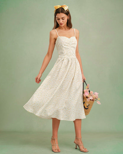 Gelbes geblümtes Slip-Midikleid mit Herzausschnitt