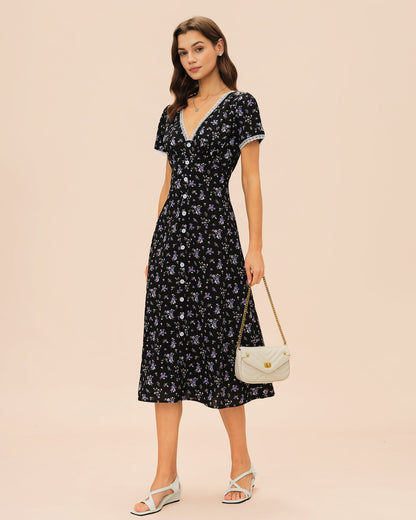 Schwarzes V-Ausschnitt Spitzen-Midikleid mit Blumenmuster