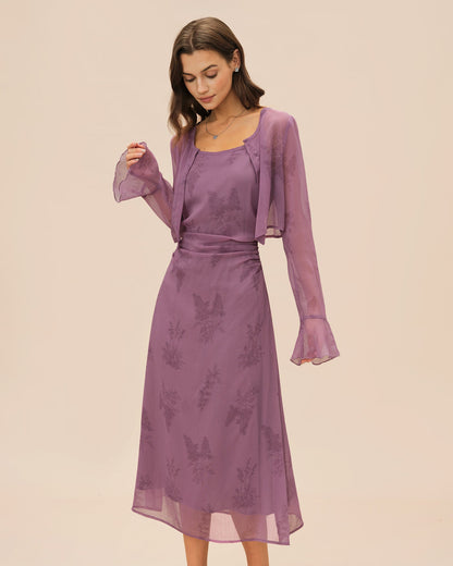 Lila geblümtes gerafftes Slip-Midikleid