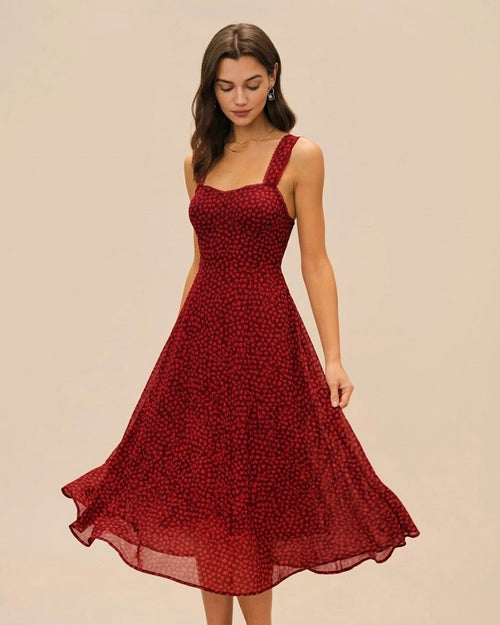 Rotes Midikleid mit Blumenmuster und Herzausschnitt
