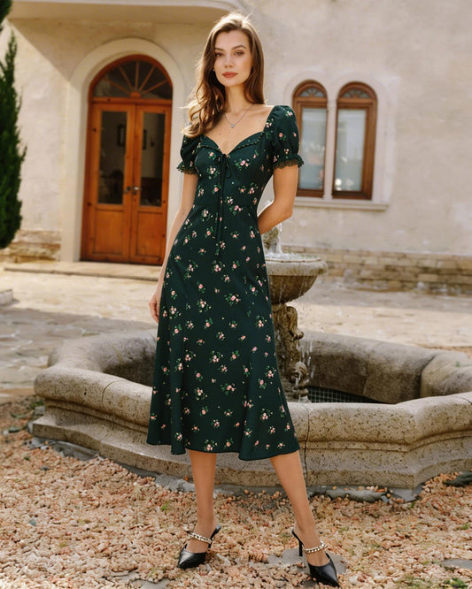 Grünes Midikleid mit Puffärmeln und Blumenmuster