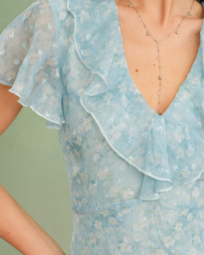 Blaues V-Ausschnitt-Midikleid mit Blumenmuster und Rüschen