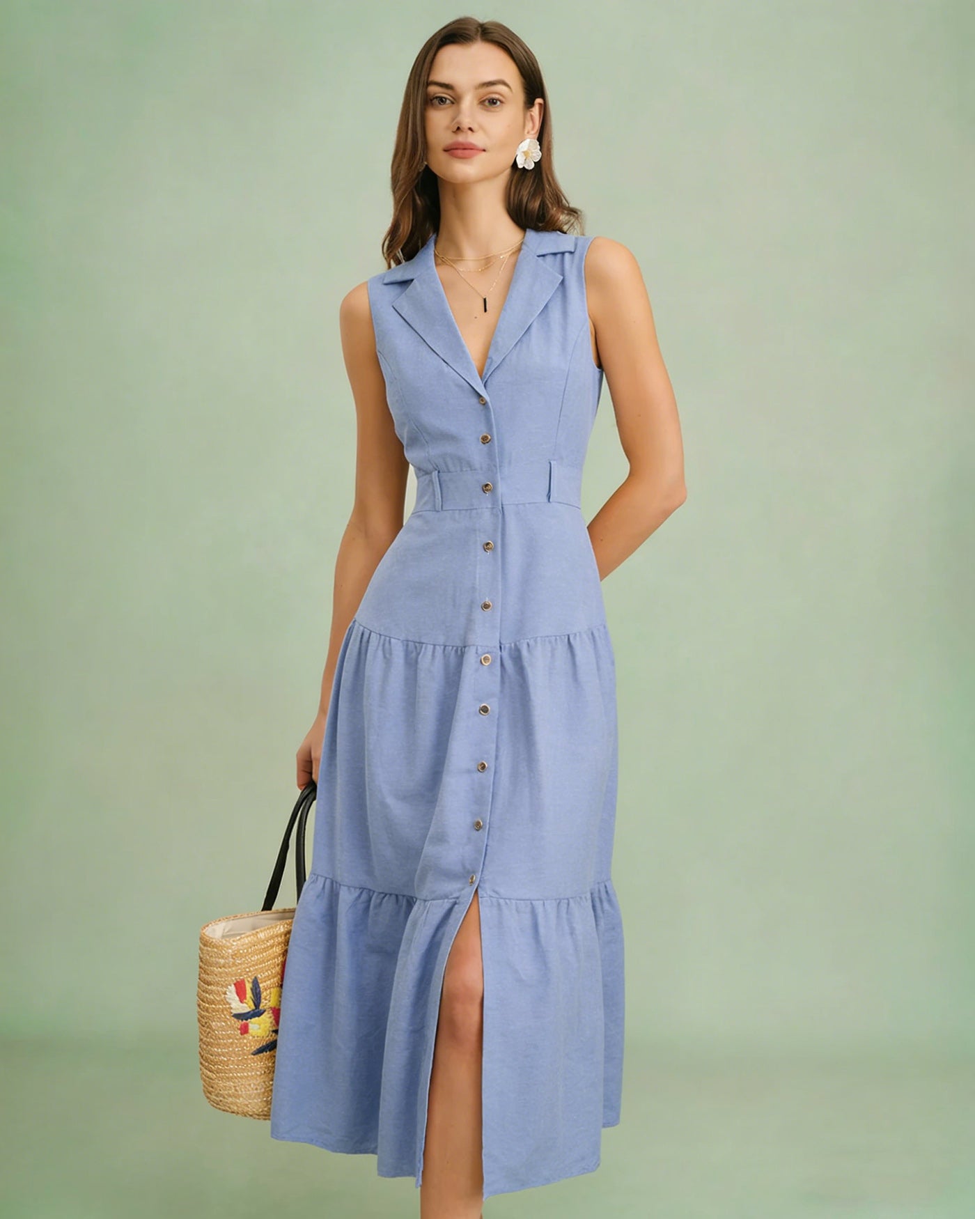 Blaues V-Ausschnitt Knopfleisten Midi-Kleid