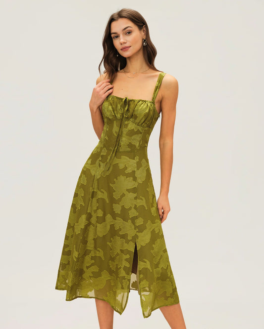Grünes Jacquard-Midikleid mit eckigem Ausschnitt