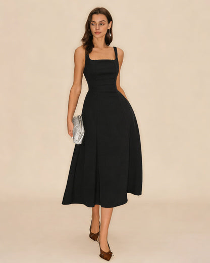 Schwarzes, einfarbiges Midi-Kleid mit Reißverschluss und Trägern
