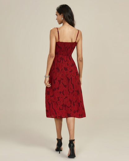 Red Shirred Floral Slip Midi Dress